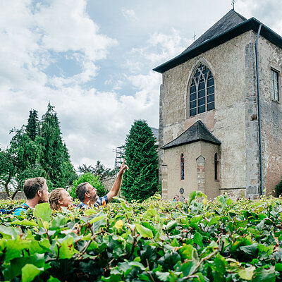 Wanderer werfen einen Blick auf die Basilika von Kloster Steinfeld