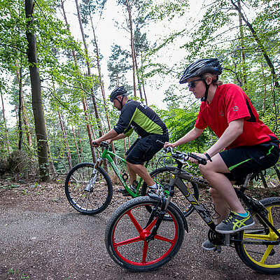 Zwei Mountainbiker fahren durch den Wald