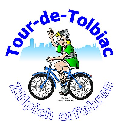 Rundes Logo der Tour in blauer Schrift und einem Radfahrer als Karikatur