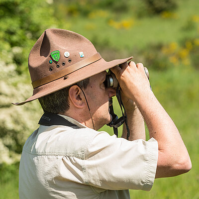 Ranger beobachtet den Nationalpark Eifel durch ein Fernglas